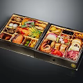 Colorful Japanese Bento Box with Assorted Fresh Seafood Vegetables and Rice