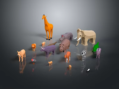 Various Colorful Low Poly Animal Figurines Including Giraffe Elephant Zebra And Rhino 3d model
