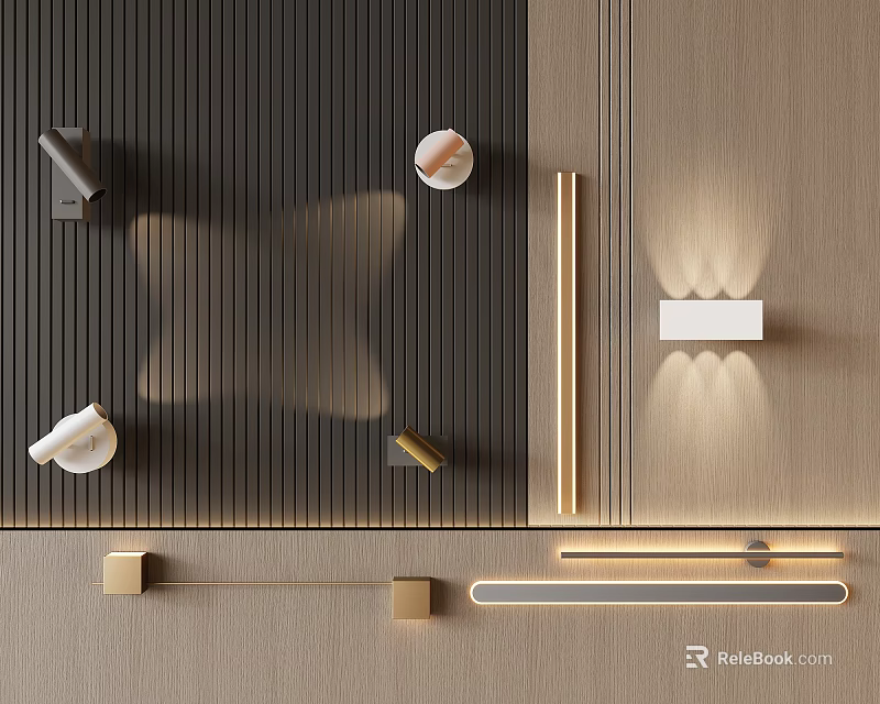 Modern Luxury Background Wall with Black Vertical Stripes Beige Panels Wall Lamps and Decorative Objects 3d model 
