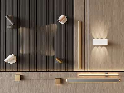 Modern Luxury Background Wall with Black Vertical Stripes Beige Panels Wall Lamps and Decorative Objects 3d model