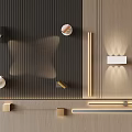 Modern Luxury Background Wall with Black Vertical Stripes Beige Panels Wall Lamps and Decorative Objects