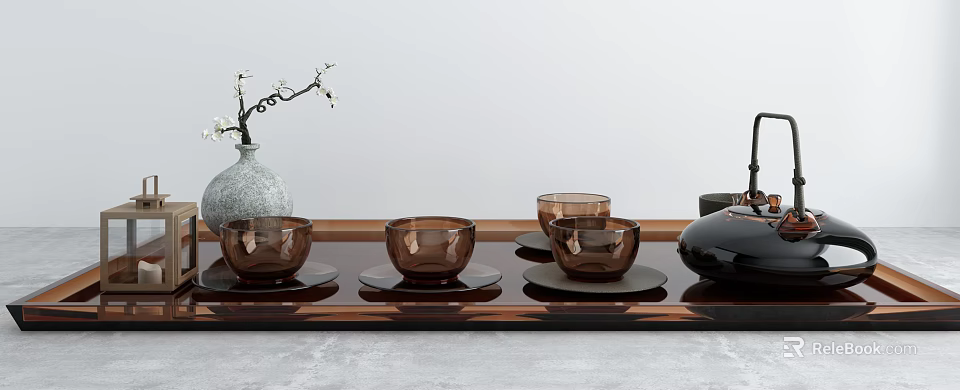 Elegant Brown Ceramic Teaset with Matching Teacups Saucers on Wooden Tray 3d model 