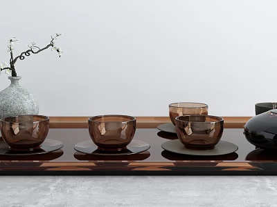 Elegant Brown Ceramic Teaset with Matching Teacups Saucers on Wooden Tray 3d model