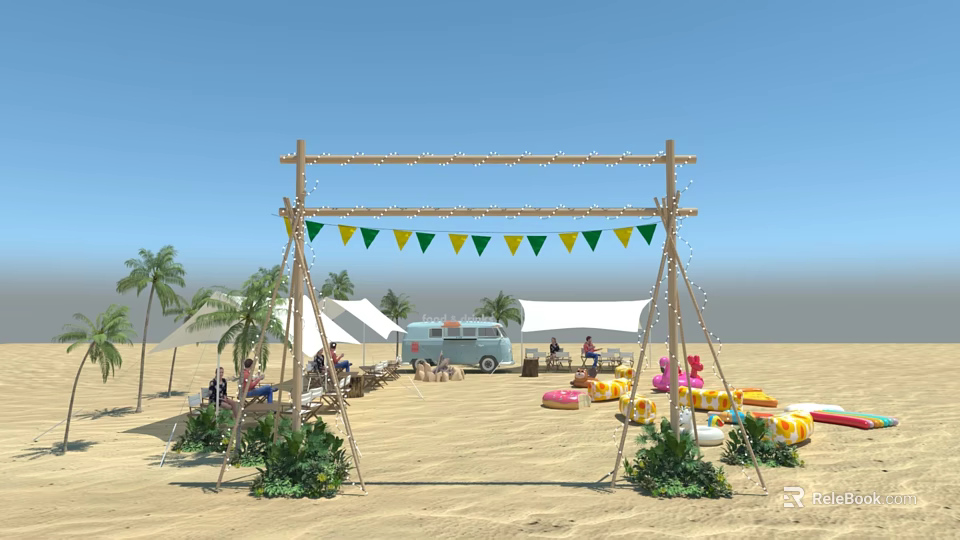 Outdoor Garden Landscape With Wooden Archway Green Yellow Bunting Flags Palm Trees And Beach Seating 3d model 