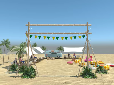 Outdoor Garden Landscape With Wooden Archway Green Yellow Bunting Flags Palm Trees And Beach Seating 3d model