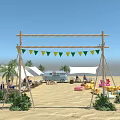 Outdoor Garden Landscape With Wooden Archway Green Yellow Bunting Flags Palm Trees And Beach Seating