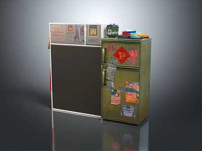Vintage Refrigerator Freezer with Colorful Stickers and Posters on Door and Small Items on Top in Home Interior 3d model