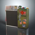 Vintage Refrigerator Freezer with Colorful Stickers and Posters on Door and Small Items on Top in Home Interior