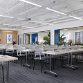 Modern Conference Room Interior With Rows Of Tables Chairs Projection Screen And Green Plants