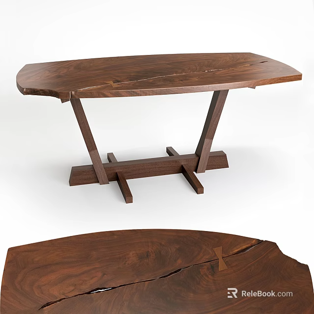 Wooden Dining Table With Live Edge Top And Crossed Wooden Base Showcasing Natural Wood Grain 3d model 