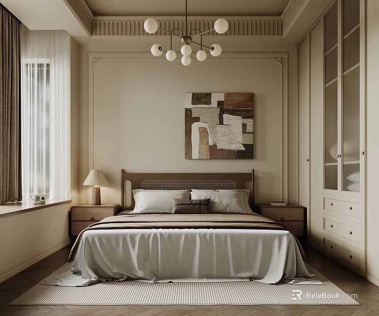 Bedroom With Brown Headboard Bed Gray Bedspread Chandelier Table Lamp Curtains And Glass Door Wardrobe 3d model 