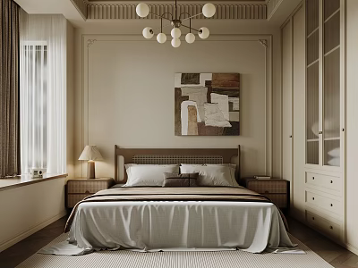Bedroom With Brown Headboard Bed Gray Bedspread Chandelier Table Lamp Curtains And Glass Door Wardrobe 3d model
