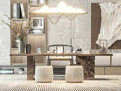Elegant Modern Tea Room Interior With Wooden Tea Table Soft Seats And Decorative Pendant Light 3d model