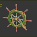 Orange Ship Wheel With Blue Handles Yellow Center And Twisted Rope