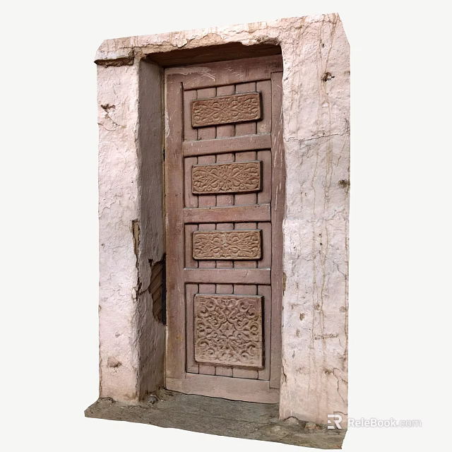 Traditional Building Exterior Wall with Intricate Carved Wooden Door and Rough Texture 3d model 