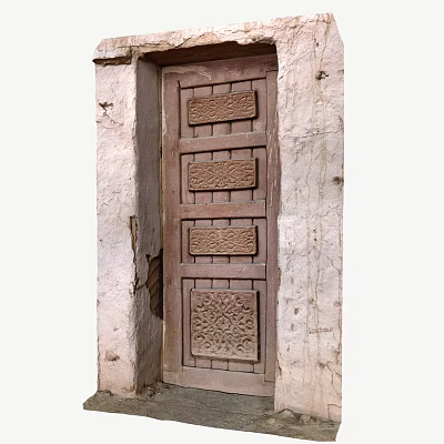 Traditional Building Exterior Wall with Intricate Carved Wooden Door and Rough Texture 3d model