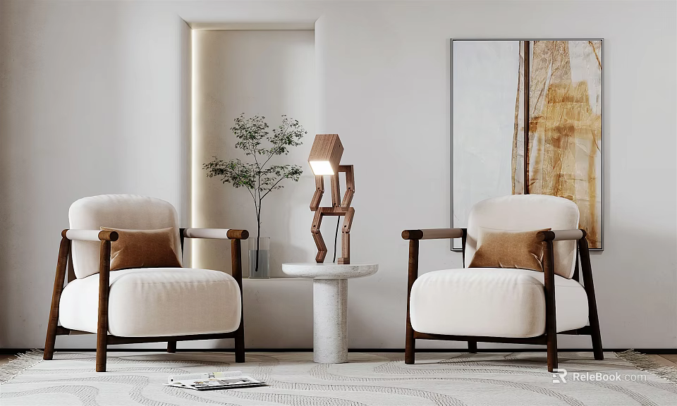 Leisure Sofa Set In Modern Living Room With White Chairs Wooden Armrests And Brown Cushions 3d model 