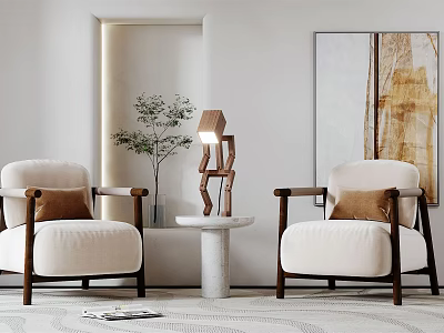 Leisure Sofa Set In Modern Living Room With White Chairs Wooden Armrests And Brown Cushions 3d model