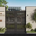 Modern Villa Building Exterior Wall With Black Metal Gate Greenery And Minimalist Design