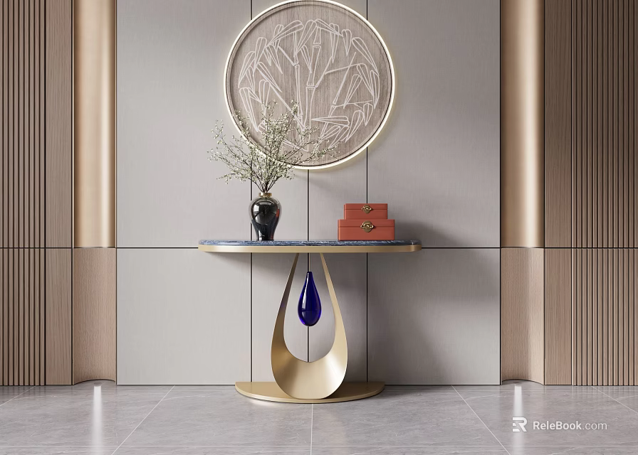 Console Table With Gold Base Black Vase Green Foliage Red Bag And Blue Teardrop Decor 3d model 