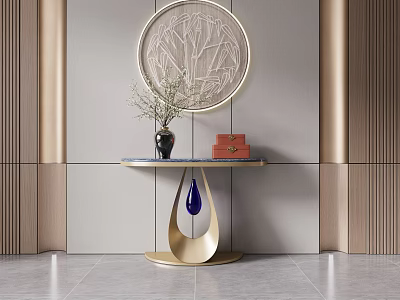 Console Table With Gold Base Black Vase Green Foliage Red Bag And Blue Teardrop Decor 3d model