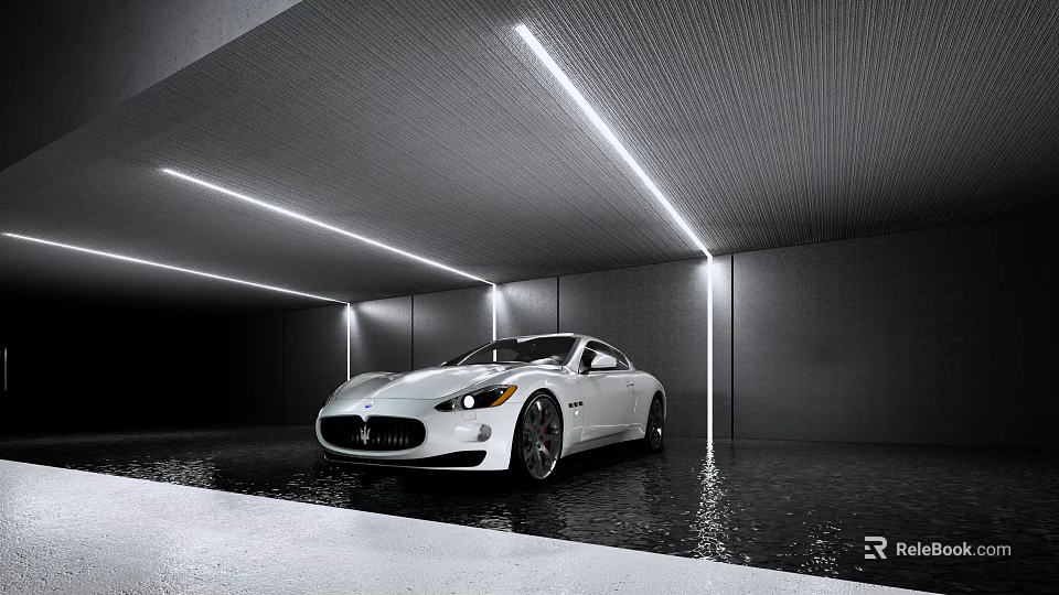 White Maserati Sports Car In Modern Garage With Gray Walls Strip Lights And Water Reflections 3d model 
