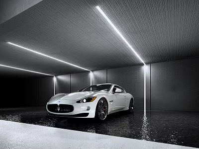 White Maserati Sports Car In Modern Garage With Gray Walls Strip Lights And Water Reflections 3d model