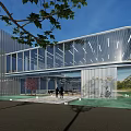 Modern Architectural Building Exterior With Glass Curtain Wall And Night Lighting At Entrance