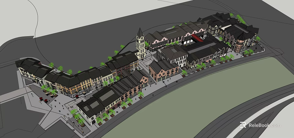 Commercial Street Featuring Clock Tower Traditional Buildings Green Plants And Pedestrian Walkways 3d model 