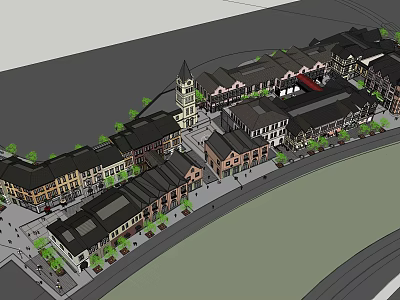 Commercial Street Featuring Clock Tower Traditional Buildings Green Plants And Pedestrian Walkways 3d model