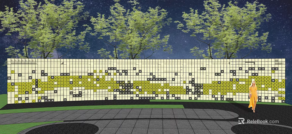 Decorative Feature Wall With Yellow Black Mosaic Pattern Trees And Paved Ground In Night Scene 3d model 
