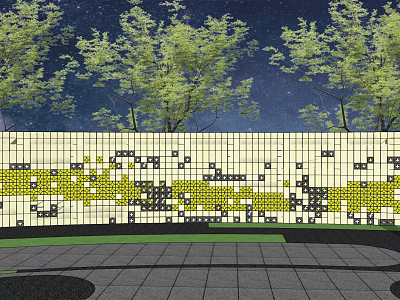 Decorative Feature Wall With Yellow Black Mosaic Pattern Trees And Paved Ground In Night Scene 3d model