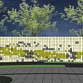 Decorative Feature Wall With Yellow Black Mosaic Pattern Trees And Paved Ground In Night Scene