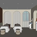 Modern Minimalist SPA Room Interior With Arched Design Warm Toned Walls And Massage Beds