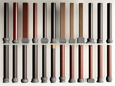 Various Decorative Columns With Wooden And Metal Finishes And Ornate Bases 3d model