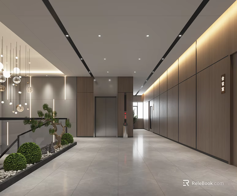 Modern Elevator Lobby With Hanging Lights Greenery And Wooden Walls 3d model