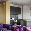 Modern Living Dining Room Interior With Purple Sofa Chandelier Coffee Table And Wooden Accents