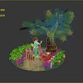 Cartoon Scene of Boy Painting with Easel Near Sunflowers Big Tree and Red Box
