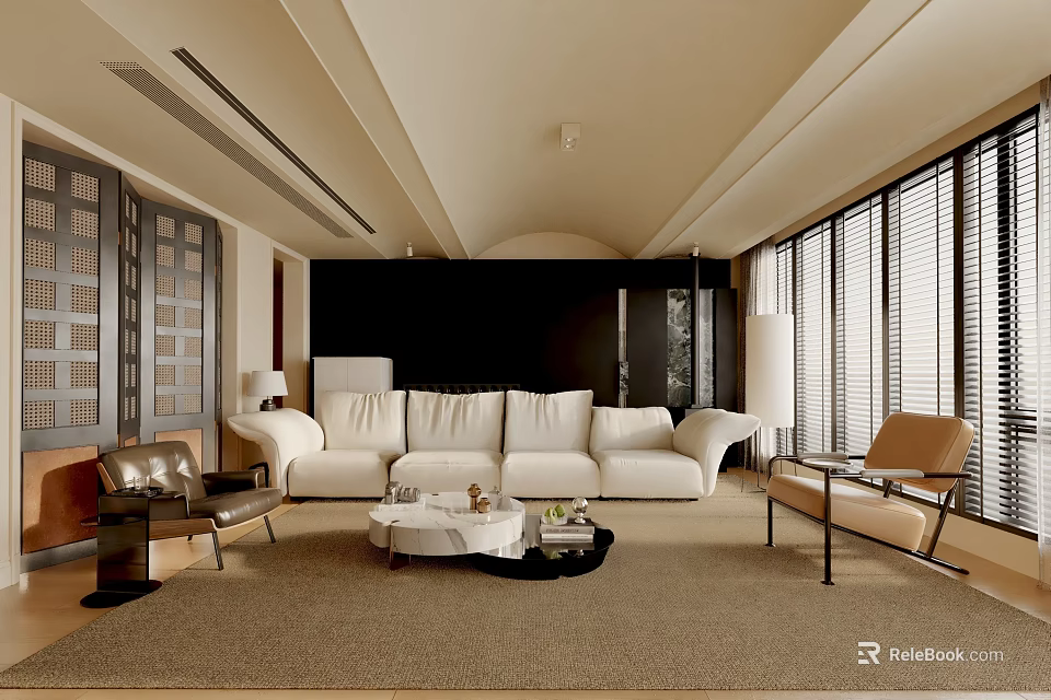 Modern Living Room Interior Design With White Sofa Coffee Table Armchair And Window Blinds 3d model 