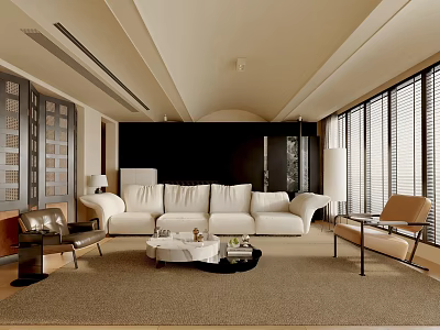 Modern Living Room Interior Design With White Sofa Coffee Table Armchair And Window Blinds 3d model