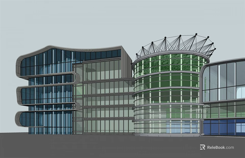 Modern Office Building Featuring Glass Facade Curved Structure And Greenery Integration 3d model 