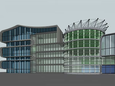 Modern Office Building Featuring Glass Facade Curved Structure And Greenery Integration 3d model