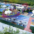 Vibrant Garden Landscape Design With Rainbow Structure Cloud Decor And Colorful Activity Areas