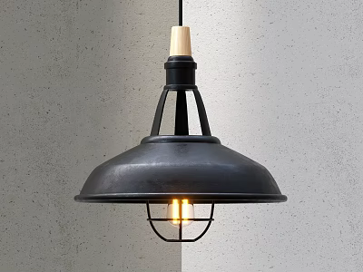 Black Metal Pendant Light With Wooden Top And Cage Design Glowing Bulb Against Gray Wall 3d model