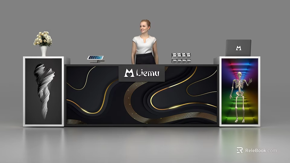 Elegant Liemu Logo Reception Desk with Black Gold Wave Design Female Staff Tablet and POS 3d model 