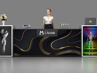 Elegant Liemu Logo Reception Desk with Black Gold Wave Design Female Staff Tablet and POS 3d model