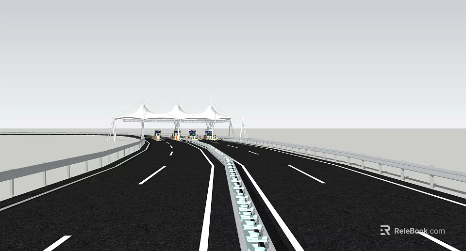 Modern Highway Road Featuring White Tent Structures And Vehicles With Guardrails 3d model 