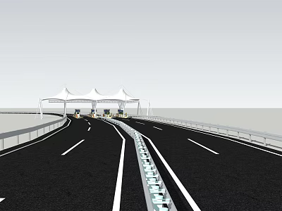 Modern Highway Road Featuring White Tent Structures And Vehicles With Guardrails 3d model