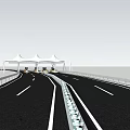 Modern Highway Road Featuring White Tent Structures And Vehicles With Guardrails 3d model
