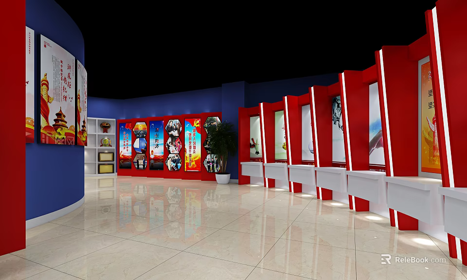 Exhibition Hall Interior Design With Red Blue Walls Display Posters White Counters And Marble Floors 3d model 